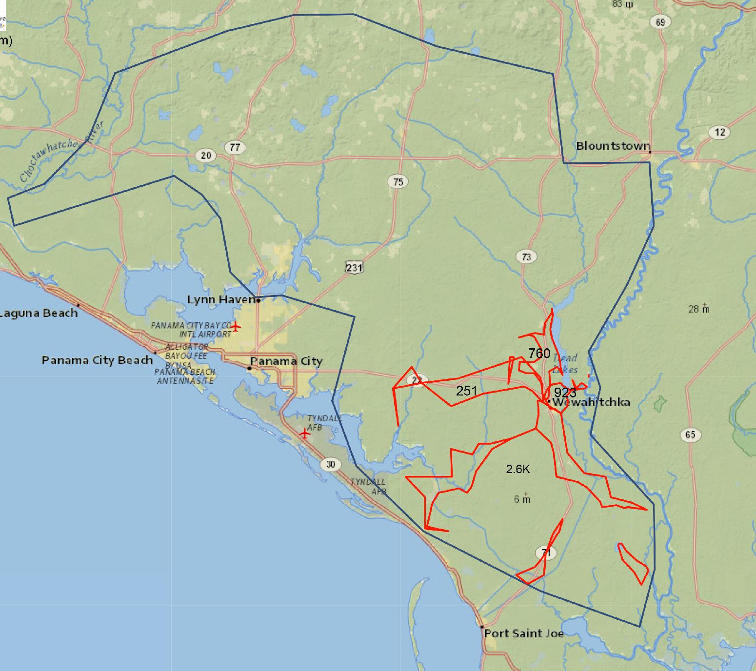 This map shows an outline in red of the outage's affected area. [ Gulf Coast Electric Cooperative ]